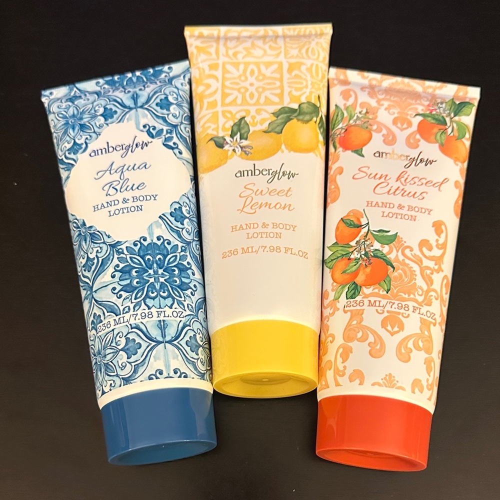 3 AmberGlow hand and body lotion bundle sweet lemon aqua blue sun kissed citrus